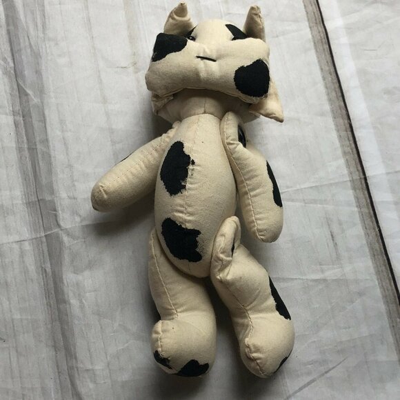 Jointed Handmade Cow Plush Stuffed Animal 7" White Black Flawed - Picture 2 of 7